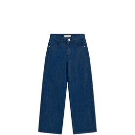 Guess children's wide-leg jeans in Sea Sparkle Blue denim, high-rise waist with front pockets, flat lay