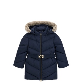 Guess children's blackened blue quilted puffer coat with faux fur trim hood, gold logo belt, and zip fastening