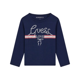 Guess children's blackened blue long-sleeve T-shirt with embroidered logo and stripe detail