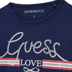 Guess children's Eco T-shirt in Blackened Blue with rope-style logo and Love graphic detail, flat lay close-up