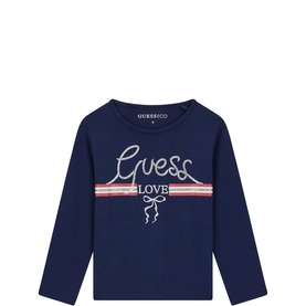 Guess children's blackened blue long-sleeve T-shirt with embroidered logo and stripe detail