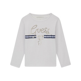 Guess children's Pure White long-sleeve T-shirt with gold script logo and navy stripe detail