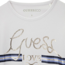Guess children's Pure White T-shirt with gold foil script logo and navy stripe detail, crew neck, short sleeve
