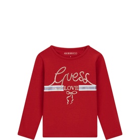 Guess children's chili red long-sleeve T-shirt with glitter logo print, "Love" text, and bow detail on chest