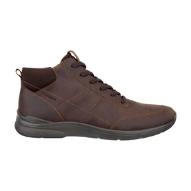 Brown mid-top lace-up trainer boot in nubuck leather with tonal stitching, dark brown rubber sole, and elasticated collar detail