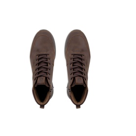 Dark brown leather lace-up ankle boots with side zip, viewed from above, showing padded collar and rubber sole edge