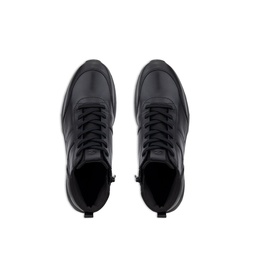 Black leather high-top lace-up trainers with chunky black sole, overhead flat-lay view showing both shoes
