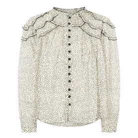 Isabel Marant Etoile ecru and black spot-print cotton blouse with ruffle yoke, button front, and long sleeves