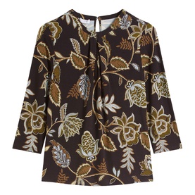 Hobbs navy khaki floral print blouse with three-quarter sleeves, pleated neckline detail and back button fastening