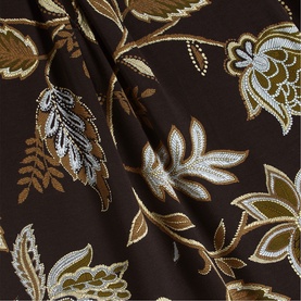 Hobbs Navy Khaki floral embroidered fabric detail showing botanical leaf and flower motifs in gold, white and olive tones on dark ground.