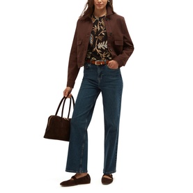 Model wearing Hobbs navy khaki wide-leg jeans with brown jacket, floral shirt, and loafers, carrying a brown tote bag.