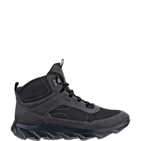 Ecco men's shoe in Magnet Black, mid-top lace-up with nubuck and mesh upper, chunky black ridged sole