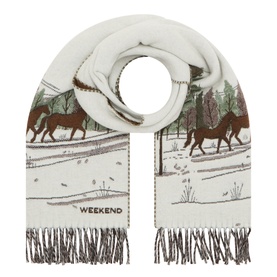 Max Mara Weekend Wkabaffo ivory wool scarf with horse and winter landscape print, fringe trim, rolled to show pattern detail