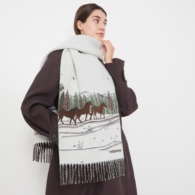 Model with Max Mara Weekend Abaffo Jacquard Horse Scarf in ivory, featuring fringed edges and horse scene print, styled over dark coat
