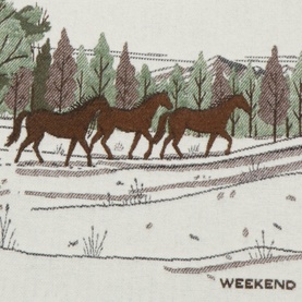 Max Mara Weekend Wkabaffo ivory wool scarf, close-up of embroidered countryside scene with horses and trees