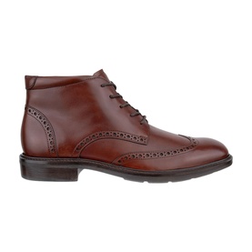 Ecco cognac leather brogue ankle boot with lace-up fastening, wingtip detailing, and dark rubber sole