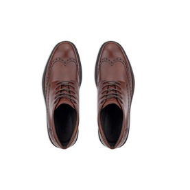 Ecco cognac leather brogue shoes, overhead view showing wingtip detailing, lace-up front and black leather insole