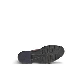 Ecco men's shoe sole in dark rubber with textured tread pattern and heel, cognac leather upper visible at edges.