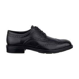 Black leather brogue Oxford shoe with wingtip detailing, perforated trim, lace-up fastening, and black rubber sole