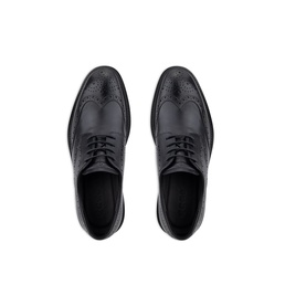Black leather wingtip brogue oxford shoes with lace-up fastening, perforated detailing, and black insole, overhead view