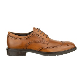 Ecco men's saddle tan leather brogue Derby shoe with wingtip detailing, lace-up fastening, and dark rubber sole
