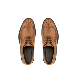Ecco men's saddle tan leather brogue shoes with wingtip detailing, medallion toe, and dark lace-up fastening, overhead view