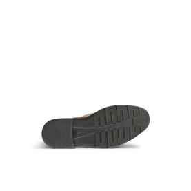 Ecco men's shoe in saddle tan, showing chunky black rubber outsole with ribbed traction pattern.