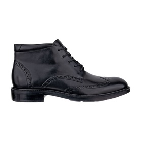 Black leather lace-up brogue ankle boot with wingtip perforated detailing and black rubber sole