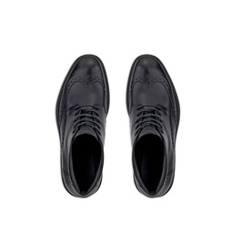 Black leather brogue shoes with wingtip detailing, lace-up fastening and black insole, shown from above as a pair