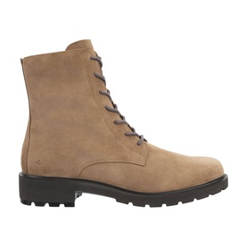 Ecco camel suede lace-up ankle boot with black chunky lugged sole, side profile view