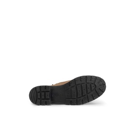 Ecco camel women's shoe, black chunky rubber lug sole with deep treaded grip pattern, viewed from underneath.
