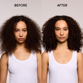 Before and after shot showing Ouai North Bondi Leave-In Conditioner results on curly hair, with improved definition and reduced frizz.