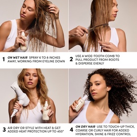 Ouai Leave-In Conditioner North Bondi four-step how-to guide showing application on wet and dry hair for hydration and frizz control