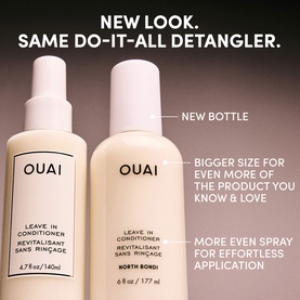Ouai Leave-In Conditioner in North Bondi shown in old and new bottle sizes, highlighting updated packaging and larger 177ml spray format.