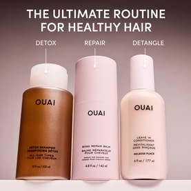 Ouai Leave-In Conditioner in North Bondi shown alongside Ouai Detox Shampoo and Bond Repair Balm in a healthy hair routine flat lay