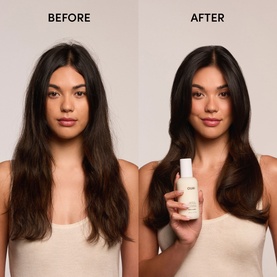 Model with Ouai Leave-In Conditioner North Bondi; before and after split showing frizzy to sleek hair transformation