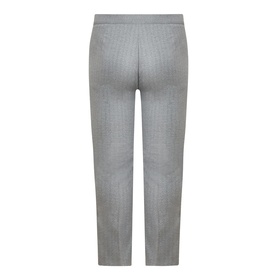 Persona light grey pinstripe tailored trousers, slim straight leg, elasticated waistband, rear view showing clean finish.