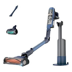 Shark PowerDetect Speed Clean and Empty Pet Pro Cordless Vacuum in blue, shown with floor head and crevice tool attachments