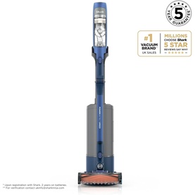 Shark PowerDetect Speed Clean and Empty Pet Pro Cordless Vacuum in blue, upright cordless design with charging dock and cleaning head visible.