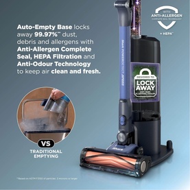 Shark PowerDetect Speed Clean and Empty Pet Pro Cordless Vacuum in blue with Auto-Empty Base, showing HEPA filtration and anti-allergen features