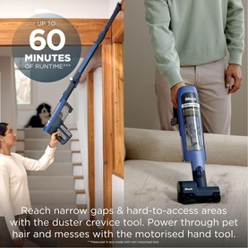 Shark PowerDetect Speed Clean and Empty Pet Pro Cordless Vacuum in blue, shown in use on stairs and ceiling, with up to 60 minutes runtime callout.