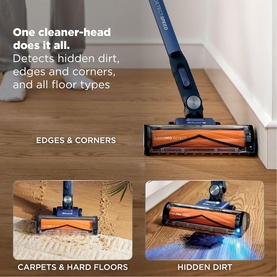 Shark PowerDetect Speed Clean and Empty Pet Pro Cordless Vacuum in blue, shown detecting dirt on edges, carpets, hard floors, and corners