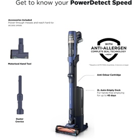 Shark PowerDetect Speed Clean and Empty Pet Pro Cordless Vacuum in blue, shown with motorised hand tool, duster crevice, and anti-odour cartridge