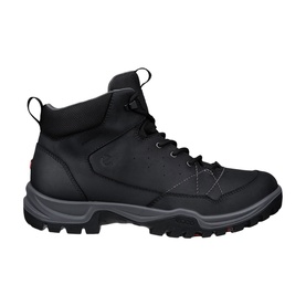 Black mid-cut hiking boot with lace-up front, padded collar, contrast grey rubber sole and toe cap, and reflective heel detail