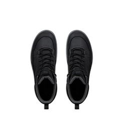 Black high-top lace-up boots with grey contrast trim, viewed from above, showing padded collar and chunky rubber sole edge