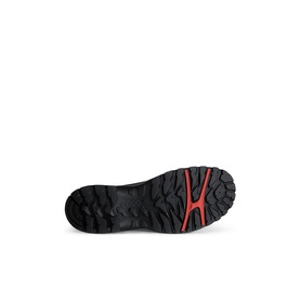 Black and red chunky rubber outsole with deep lug tread pattern, shown from below.