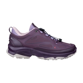 Lowa purple and lilac low-top hiking trainer with lace bungee cord, waterproof upper, and grey rubber outsole
