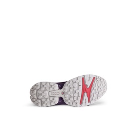 Grey and white rubber outsole with multi-directional lugs and a pink heel detail, shown from below.
