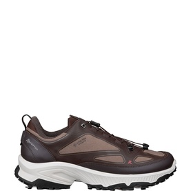 Dark brown chunky trail sneaker with toggle lace fastening, mixed leather panelling, white midsole and rugged black outsole