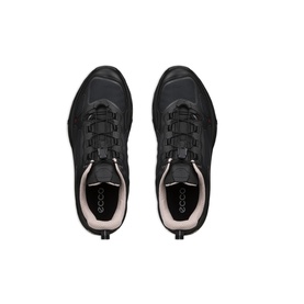 Ecco women's trainers in black, lace-up style with black sole, shot from above showing both shoes side by side.
